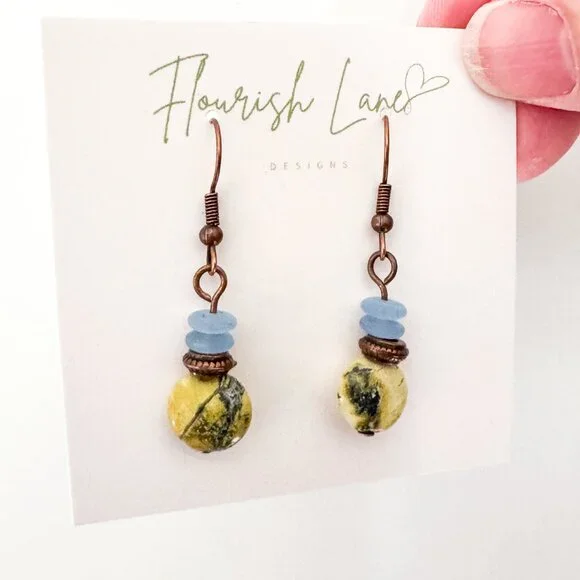 Serpentine Stone & Copper Boho Dangle Earrings - Picture 2 of 10